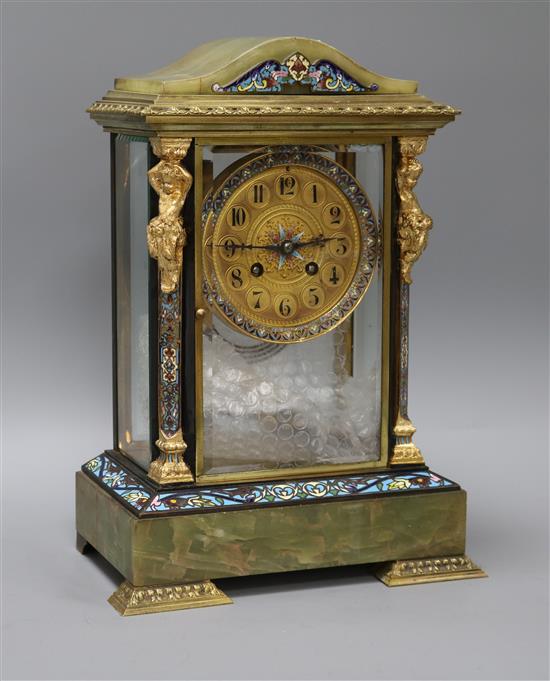 A French onyx and enamel champleve four glass mantel clock H.34cm